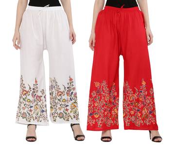 Women White, Red Flower Print Rayon Palazzo Pants (Free Size) 1