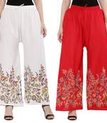 Women White, Red Flower Print Rayon Palazzo Pants (Free Size)