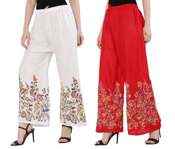 Women White, Red Flower Print Rayon Palazzo Pants (Free Size) 2