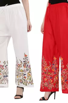 Women White, Red Flower Print Rayon Palazzo Pants (Free Size)