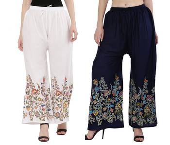 Women White, Navy Flower Print Rayon Palazzo Pants (Free Size) 1