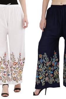 Women White, Navy Flower Print Rayon Palazzo Pants (Free Size)