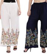 Women White, Navy Flower Print Rayon Palazzo Pants (Free Size)