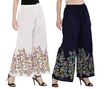 Women White, Navy Flower Print Rayon Palazzo Pants (Free Size) 2