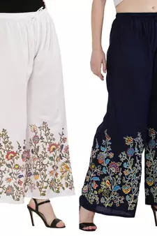 Women White, Navy Flower Print Rayon Palazzo Pants (Free Size)