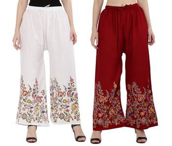Women White, Maroon Flower Print Rayon Palazzo Pants (Free Size) 1