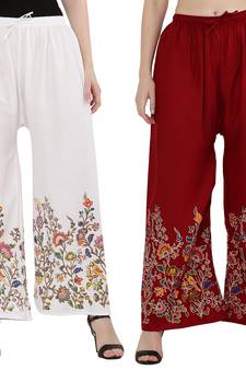 Women White, Maroon Flower Print Rayon Palazzo Pants (Free Size)