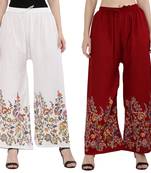 Women White, Maroon Flower Print Rayon Palazzo Pants (Free Size)
