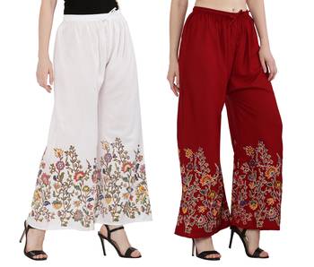 Women White, Maroon Flower Print Rayon Palazzo Pants (Free Size) 2