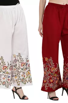 Women White, Maroon Flower Print Rayon Palazzo Pants (Free Size)