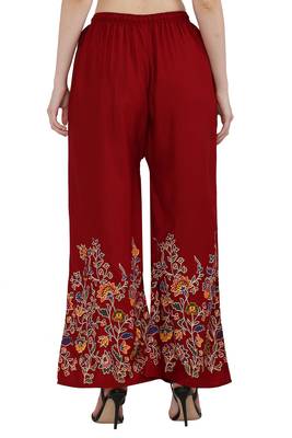 Women White, Maroon Flower Print Rayon Palazzo Pants (Free Size) 4