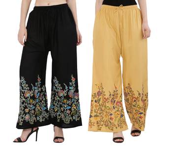 Women Black, Peach Flower Print Rayon Palazzo Pants (Free Size) 1