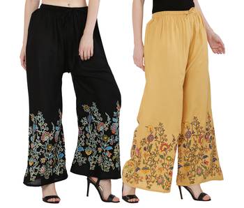 Women Black, Peach Flower Print Rayon Palazzo Pants (Free Size) 2