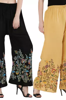Women Black, Peach Flower Print Rayon Palazzo Pants (Free Size)