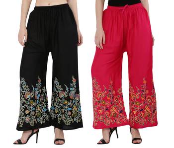 Women Black, Pink Flower Print Rayon Palazzo Pants (Free Size) 1
