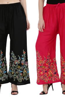 Women Black, Pink Flower Print Rayon Palazzo Pants (Free Size)