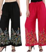 Women Black, Pink Flower Print Rayon Palazzo Pants (Free Size)