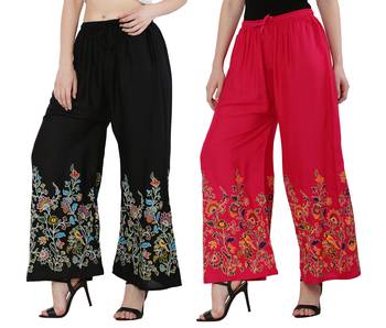 Women Black, Pink Flower Print Rayon Palazzo Pants (Free Size) 2