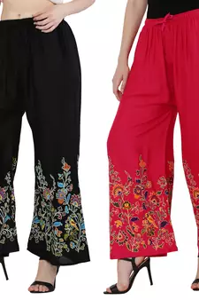 Women Black, Pink Flower Print Rayon Palazzo Pants (Free Size)