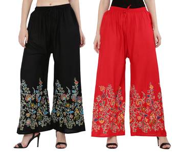 Women Black, Red Flower Print Rayon Palazzo Pants (Free Size) 1
