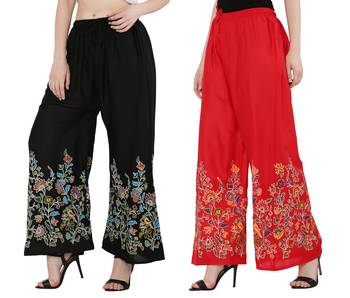 Women Black, Red Flower Print Rayon Palazzo Pants (Free Size) 2