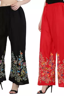 Women Black, Red Flower Print Rayon Palazzo Pants (Free Size)