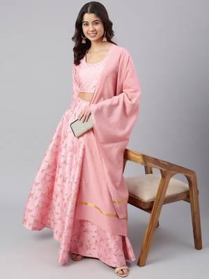 Pink printed silk stitched lehenga 2