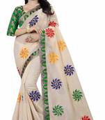 Chanderi Cotton Off White and Green Color Ari Embroidery work Saree with Designer Lace and Blouse Piece