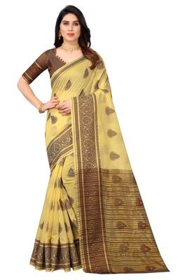Cotton Fabric Cream Color Jacquard Woven Design Saree With Blouse Piece  1