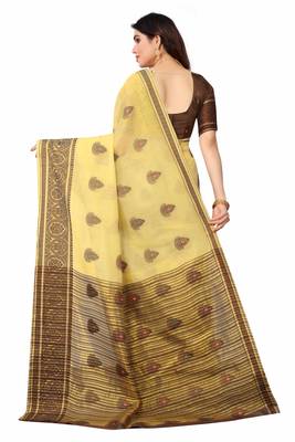 Cotton Fabric Cream Color Jacquard Woven Design Saree With Blouse Piece  2