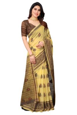 Cotton Fabric Cream Color Jacquard Woven Design Saree With Blouse Piece  3