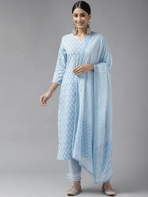 Sky-blue printed cotton ethnic-kurtis 1
