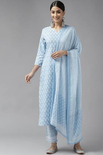 Sky-blue printed cotton ethnic-kurtis