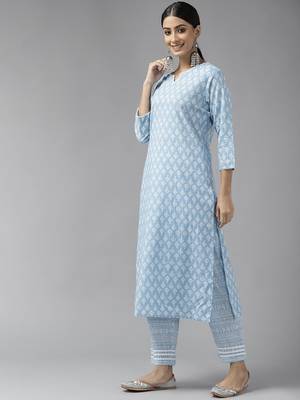Sky-blue printed cotton ethnic-kurtis 2