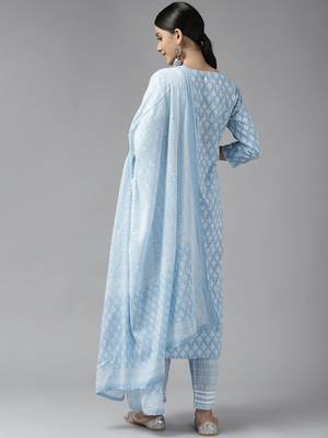 Sky-blue printed cotton ethnic-kurtis 3