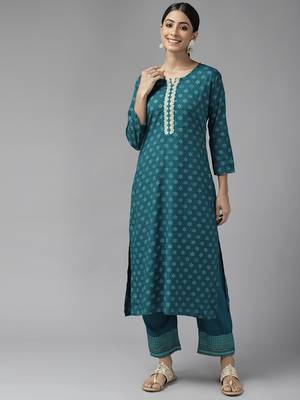 Teal-green printed viscose rayon ethnic-kurtis 1
