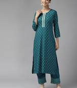 Teal-green printed viscose rayon ethnic-kurtis