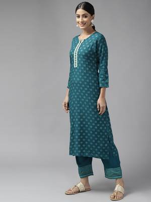 Teal-green printed viscose rayon ethnic-kurtis 2