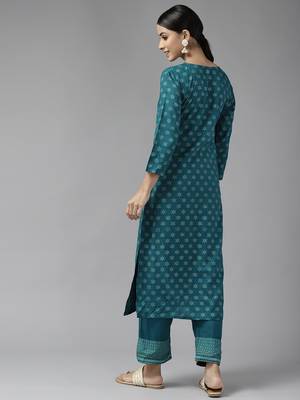 Teal-green printed viscose rayon ethnic-kurtis 3