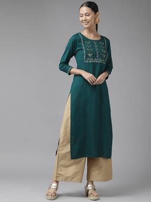 Teal-green printed viscose rayon kurtas-and-kurtis 1