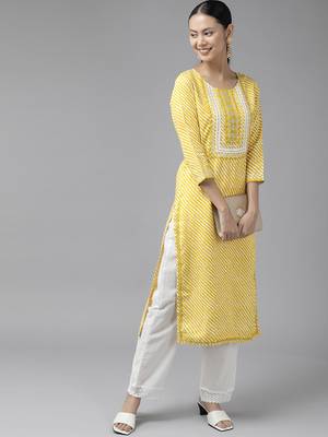 Yellow printed viscose rayon kurtas-and-kurtis 5