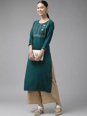 Teal-green printed viscose rayon kurtas-and-kurtis 5