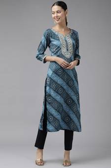 Blue printed cotton kurtas-and-kurtis