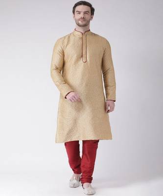 DEYANN Jacquard Silk Cream & Red Color Kurta with Churidar set 1