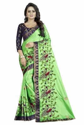 Ari Embroidered Green and Blue Color Designer Paper Silk Saree With Designer Lace and Blouse Piece 1