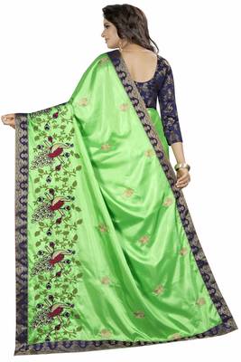 Ari Embroidered Green and Blue Color Designer Paper Silk Saree With Designer Lace and Blouse Piece 2