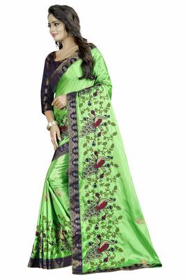 Ari Embroidered Green and Blue Color Designer Paper Silk Saree With Designer Lace and Blouse Piece 3