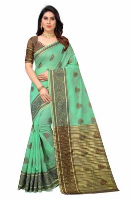 Cotton Fabric Cream Color Jacquard Woven Design Saree With Designer Lace and Blouse Piece 1