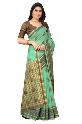 Cotton Fabric Cream Color Jacquard Woven Design Saree With Designer Lace and Blouse Piece 3