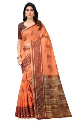 Cotton Fabric Peach Color Jacquard Woven Design Saree With Designer Lace and Blouse Piece 1